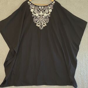 NWT Cruise Coastal Kimono Jewel Neck Black Short Kaftan Mini Dress Sz 14 no belt